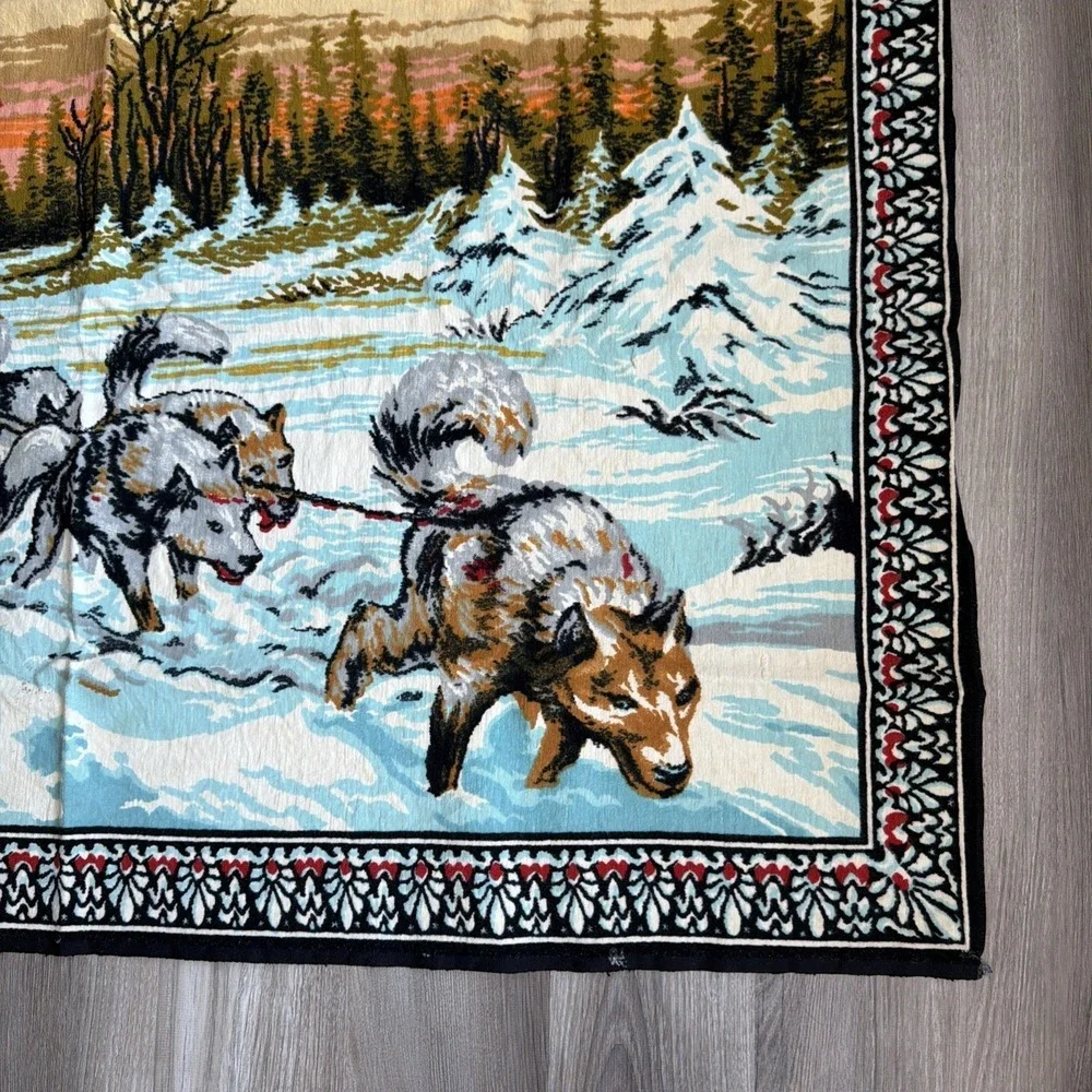 Vintage Mushing SLED DOGS Tapestry Rug Wall Hanger Made In ITALY 54